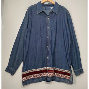 Willow Ridge Womens Size XL Artsy Blue Jean Denim Shirt Velvet Boho Aztec Tunic
